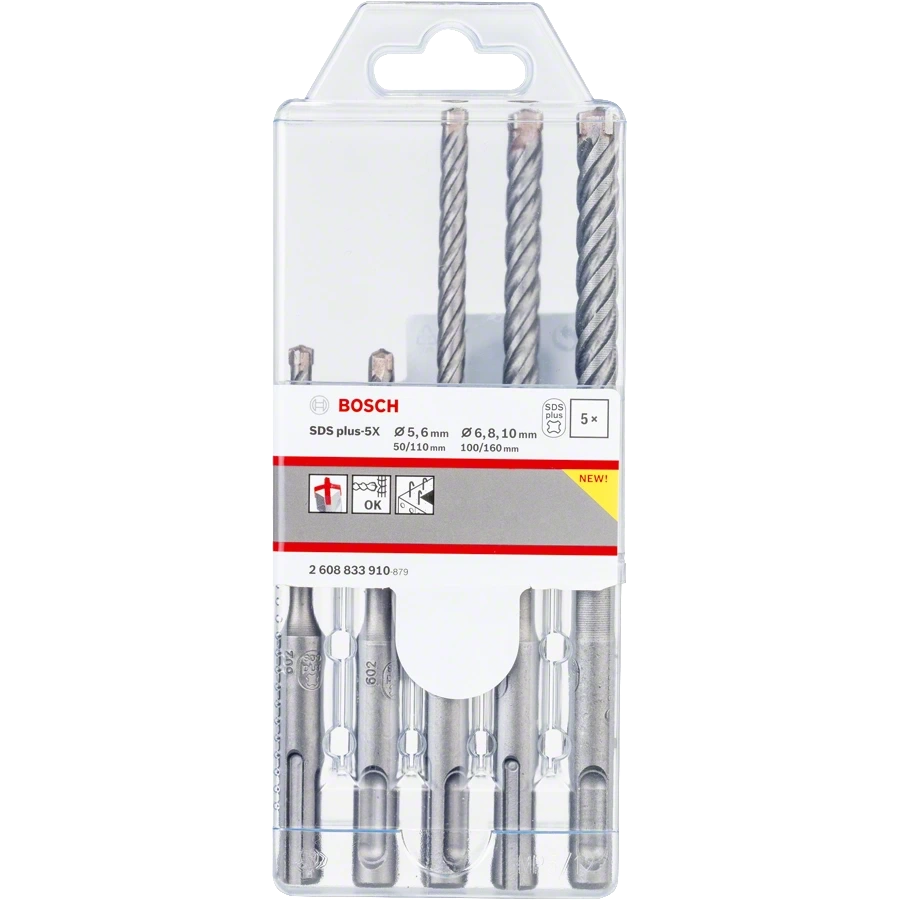 Bosch SDS plus-5X 5шт 5/6 x 110мм; 6/8/10 x 160мм Набір бурів по бетону