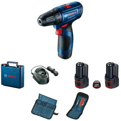 Bosch GSR 120-LI (06019G8002) Акумуляторний шурупокрут + 2 акб 2.0 Ah + ЗУ + набір біт 11 шт. + набір свердл 12 шт.